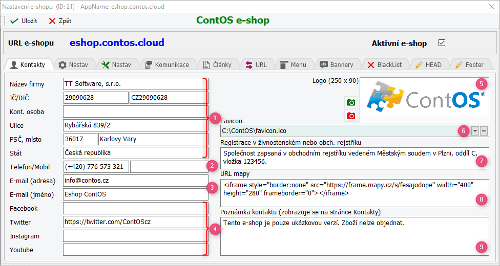 Obr. 1 - Nastavení kontaktních údajů e-shopu.